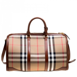 Burberry Brown House Check Fabric Bridle Duffle Bag 