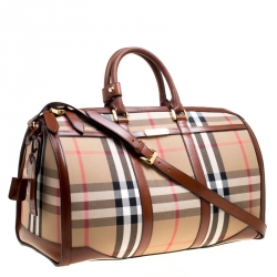 Burberry Brown House Check Fabric Bridle Duffle Bag 