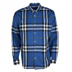Burberry Boys Shirt Aqua Blue Plaid Cotton Button Up Collar Short Sleeve 6Y