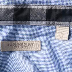 مملوكة مسبقًا قميص بربري بريت أزرق وأبيض كاروهات بأكمام طويلة أزرار أمامية L