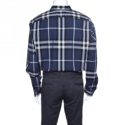 Pre Owned قميص بربري بريت قطن كاروهات أزرق بأكمام طويلة أزرار أمامية XXL