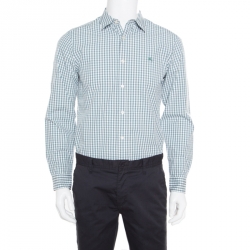 Burberry Green and White Gingham Checked Novacheck Trim Detail Logo Embroidered Shirt M