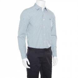 Burberry Green and White Gingham Checked Novacheck Trim Detail Logo Embroidered Shirt M