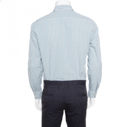 Burberry Green and White Gingham Checked Novacheck Trim Detail Logo Embroidered Shirt M
