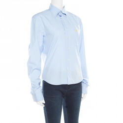 مملوكة مسبقًا قميص بربري بريت بأزرار وزخرفة الشعار قطن متمدد أزرق سماوي S