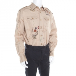 Burberry Sand Brown Sketch Printed Cotton Batson Army Shirt XXL