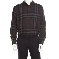 Burberry Brit Grey and Red Checked Cotton Flannel Long Sleeve Shirt XL