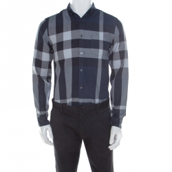 Burberry Brit Navy Blue Checked Cotton Long Sleeve Button Down Shirt S  Burberry