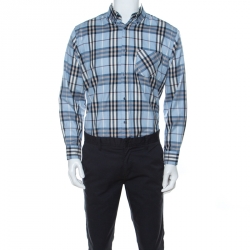 Burberry Blue Novacheck Cotton Blend Long Sleeve Button Front Shirt XL