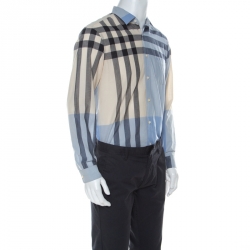 Pre Owned Burberry Light Blue & Beige Nova Check Linen Blend Shirt L