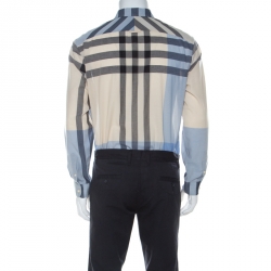 Pre Owned Burberry Light Blue & Beige Nova Check Linen Blend Shirt L