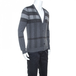 Pre Owned Burberry Grey Checked Cashmere Silk Blend Cardigan S