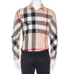 Burberry Brit Beige Herringbone Exploded Check Cotton Shirt M