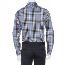 مملوكة مسبقًا قميص بربري أزرار أمامية أكمام طويلة قطن كاروهات نوفا رمادي S