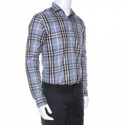 مملوكة مسبقًا قميص بربري أزرار أمامية أكمام طويلة قطن كاروهات نوفا رمادي S