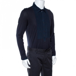 Burberry Navy Blue Knit Pintucked Half Placket Slim Fit Shirt M