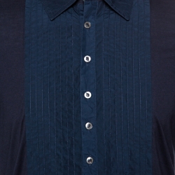 Burberry Navy Blue Knit Pintucked Half Placket Slim Fit Shirt M