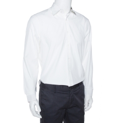 Burberry White Stretch Cotton Check Cuff Detail Long Sleeve Shirt L