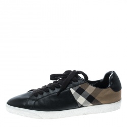 Pre Owned Burberry Black/Beige Leather and House Check Fabric Sneakers Size 45