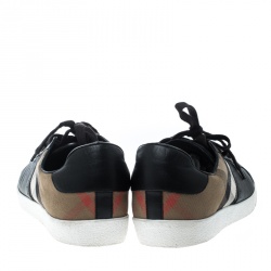 Pre Owned Burberry Black/Beige Leather and House Check Fabric Sneakers Size 45