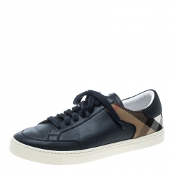 Burberry Blue/Beige Leather and House Check Canvas Sneakers Size 42