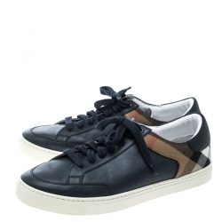 Burberry Blue/Beige Leather and House Check Canvas Sneakers Size 42