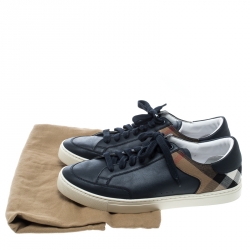 Burberry Blue/Beige Leather and House Check Canvas Sneakers Size 42