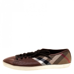 Pre Owned Burberry Brown House Check Fabric and Leather Sneakers Size 44