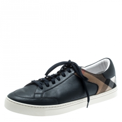 Burberry Blue/Beige Leather And House Check Canvas Sneakers Size 42