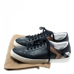 Burberry Blue/Beige Leather And House Check Canvas Sneakers Size 42