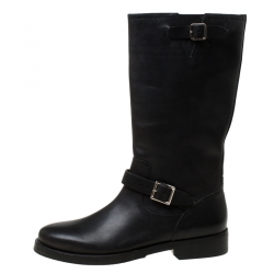Pre Owned Burberry Black Leather Buckle Knee High Boots Size 41
