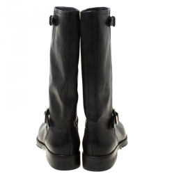 Pre Owned Burberry Black Leather Buckle Knee High Boots Size 41