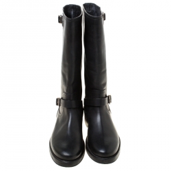 Pre Owned Burberry Black Leather Buckle Knee High Boots Size 41