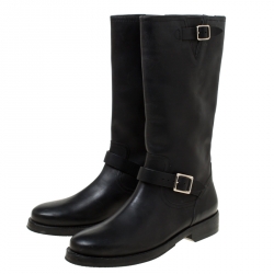 Pre Owned Burberry Black Leather Buckle Knee High Boots Size 41