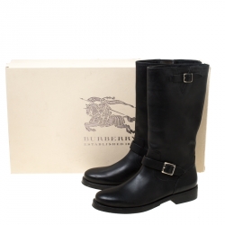 Pre Owned Burberry Black Leather Buckle Knee High Boots Size 41