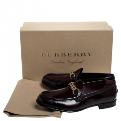 Burberry Burgundy Leather Solway Chain Detail Slip On Loafers Size 40.5