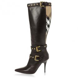 مملوكة مسبقًا Burberry Brown Inset Check Print Leather Boots Size 37