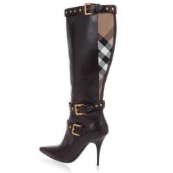 مملوكة مسبقًا Burberry Brown Inset Check Print Leather Boots Size 37