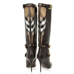 مملوكة مسبقًا Burberry Brown Inset Check Print Leather Boots Size 37