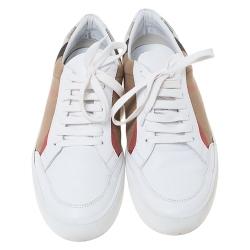 Burberry White Leather and House Check Canvas Lace Up Low Top Sneakers Size 40