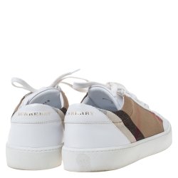 Burberry White Leather and House Check Canvas Lace Up Low Top Sneakers Size 40