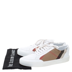 Burberry White Leather and House Check Canvas Lace Up Low Top Sneakers Size 40