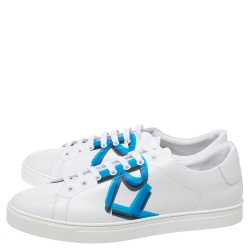 Pre Owned Burberry White/Blue Graffiti Print Leather Low Top Sneakers Size 45