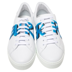 Pre Owned Burberry White/Blue Graffiti Print Leather Low Top Sneakers Size 45