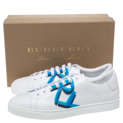 Pre Owned Burberry White/Blue Graffiti Print Leather Low Top Sneakers Size 45