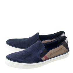 Burberry Blue Suede And House Check Canvas Gauden Slip On Sneakers Size 41