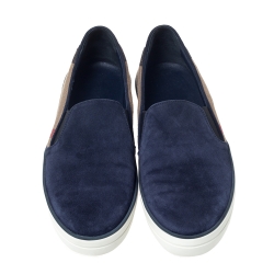 Burberry Blue Suede And House Check Canvas Gauden Slip On Sneakers Size 41