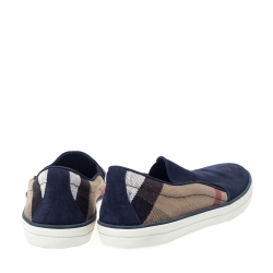 Burberry Blue Suede And House Check Canvas Gauden Slip On Sneakers Size 41