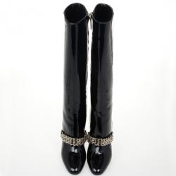 Pre Owned Burberry Black Patent Leather Chain Boots Size 37