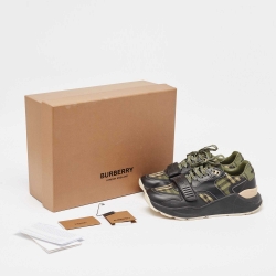 Pre Owned Burberry Green/Black Leather and Canvas Ramsey Sneakers Size 41